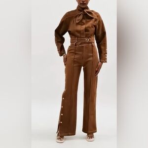 NEW $198 Power Muse Brown Denim Two Piece Pant Set with Neck Tie & Belted Waist